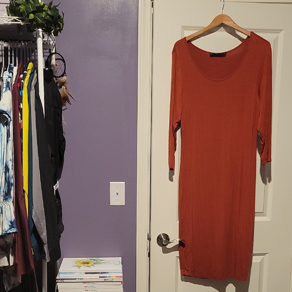 Fashion to Figure Brown Sheath Dress Long Sleeve Scoop Neck